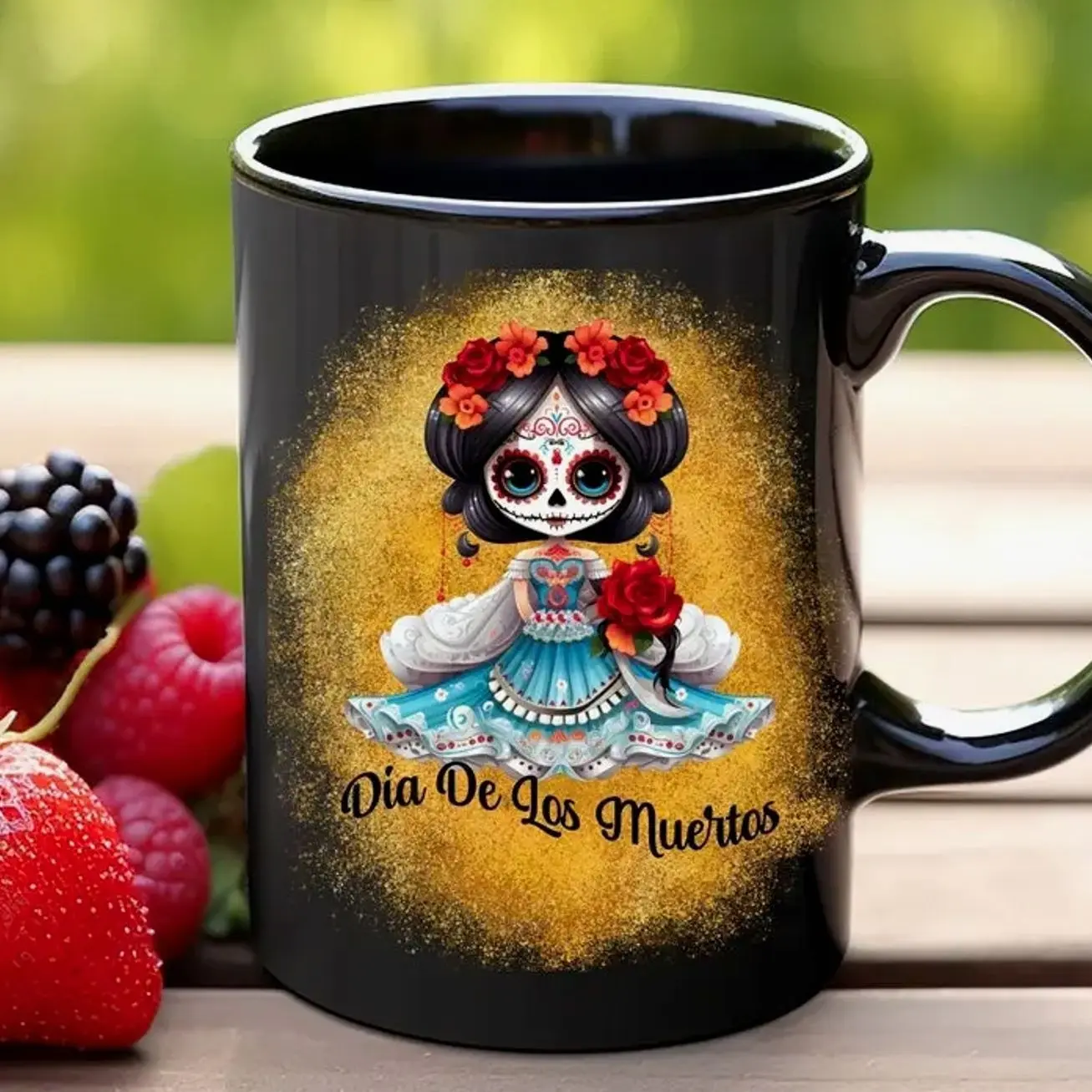 Dia De Los Muertos Black Mug, Day Of The Dead Ceramic Mug, Catrina Coffee Mug, Sugar Skull Coffee Cup, Mexico, Mexican Doll, Latina #401