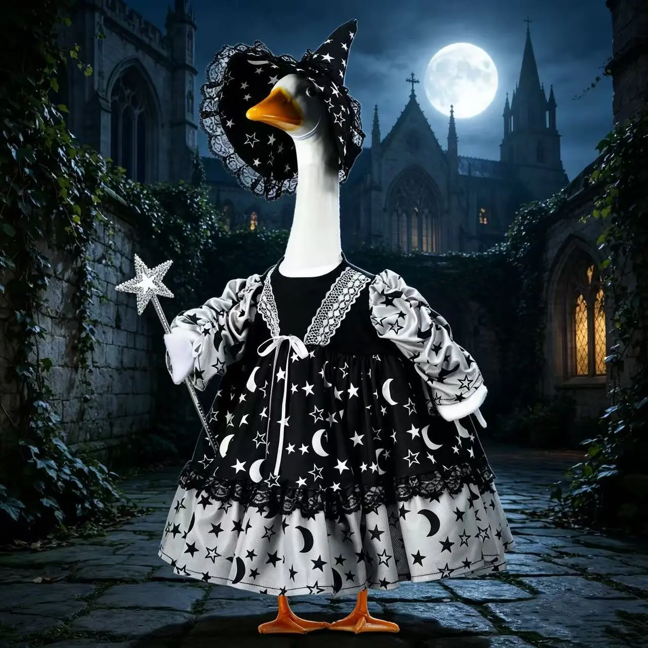 Witch Porch Goose Outfit Halloween Fall Costume for 23 Inch Cement Goose - Black Lace Dress & Hat, Weather Resistant Fabric, Spooky Outdoor Lawn Garden Patio Decor