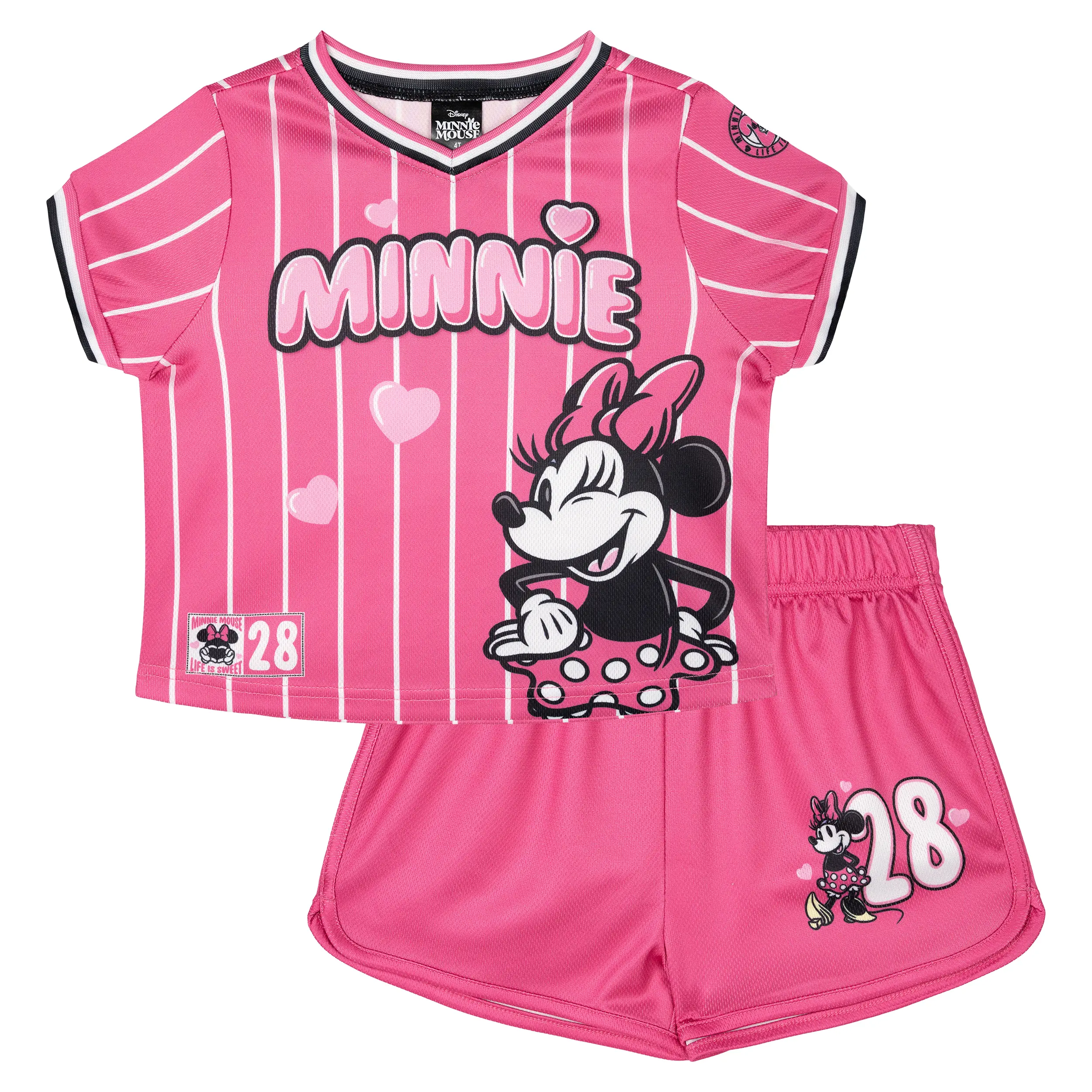 Disney Minnie Mouse Girls' Graphic Mesh Jersey and Dolphin Shorts Outfit Rose Pink Toddler to Little Kid, Athletic, Active Shorts, Jersey Top, Two Piece Set