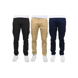 3-Pack Men's Flex-Stretch one size dowen for perfect fit  Cotton Cargo Pants 31-Inch Inseam - Comfortable Durable Plain Design in Black Khaki & Navy Blue