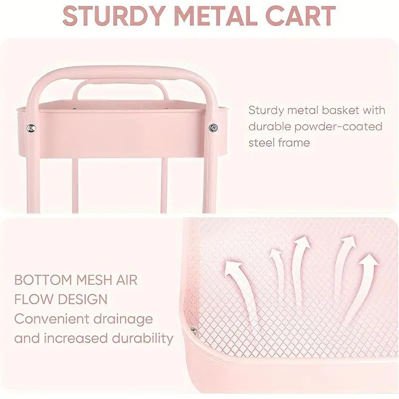 Pink Rolling Storage Trolley – 3-Tier Metal Organizer with Lockable Casters for Office, Kitchen, Bathroom & Dorm Use – Large Capacity for Supplies, Makeup, Crafts