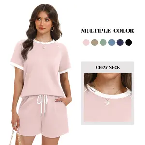 Women's Minimalist 2-Piece Casual Basic Loungewear Set - Casly Lamiit Solid Plain Crewneck Short-Sleeve Shirt, Drawstring Fabric Shorts with 1 Pocket, Machine Washable, Standard Sizes for Summer Day Lounge,summervibes outdoorfun