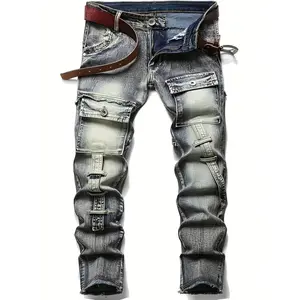 [HME] American Retro Men's Jeans, Ameki Workwear Style, Three-dimensional Cut And Multi-pocket Design, Button Decoration, Fringed Hem, Mid-waist Elastic Slim Straight Leg, Suitable for All Seasons, Street Fashion Men's Denim Trousers