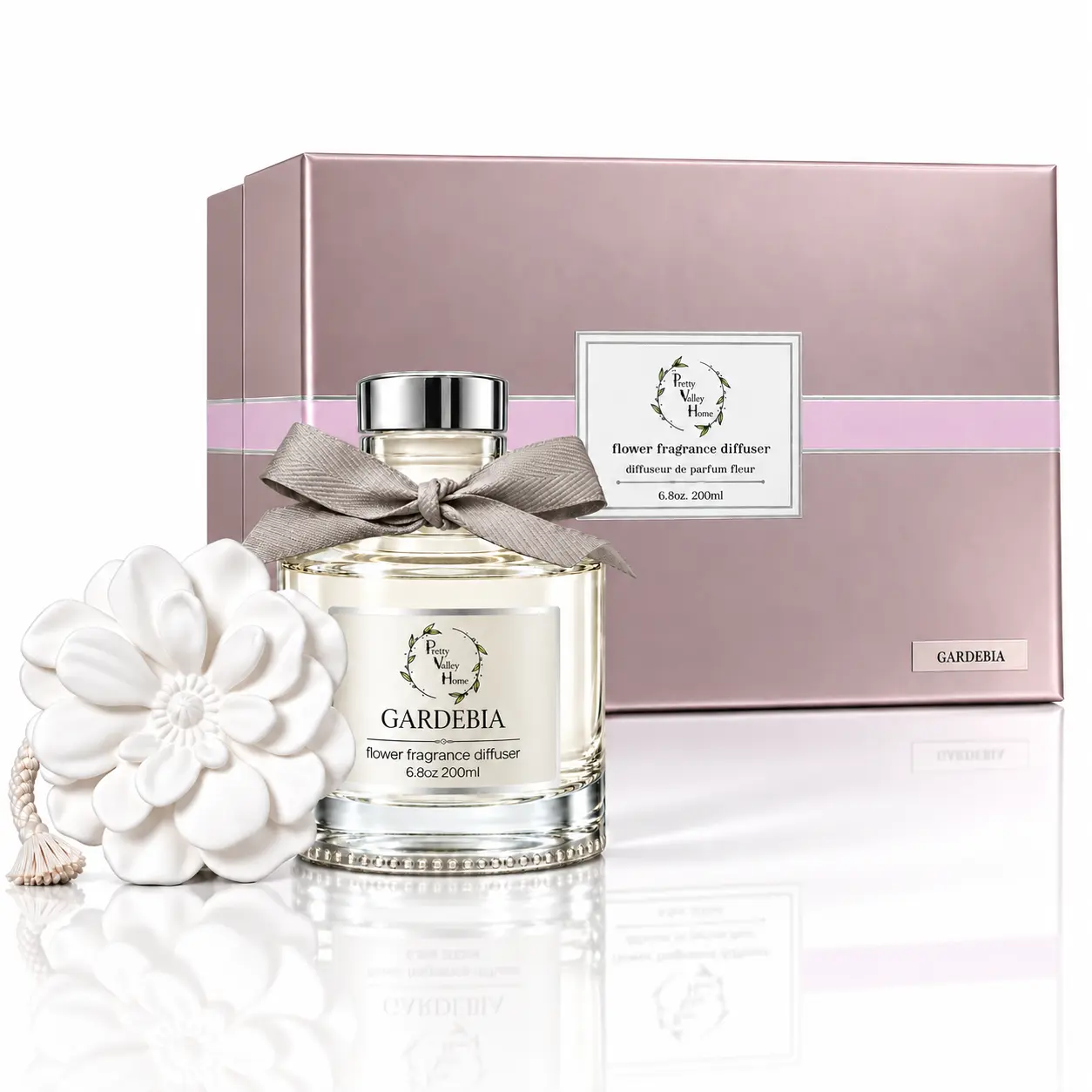 Pretty Valley Home Ceramic Reed Diffuser Set - 6.76 Fl. Oz/200ML Flower Gift Box, Long-Lasting Aroma Perfume for Bedroom, Living Room Decor, Home Fragrance Supply