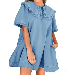 Imily Bela Womens Summer Denim Mini Dress Oversized Peter Pan Collar Short Sleeve Casual Flowy Babydoll Jean Dresses