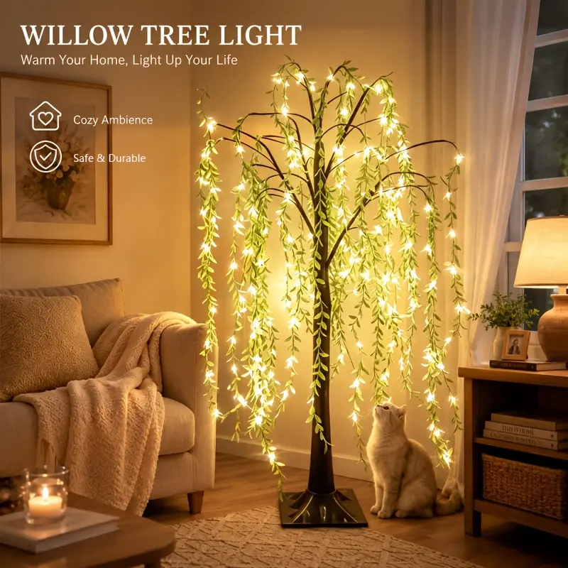 Rechargeable LED Weeping Willow Floor Lamp - USB-Powered, 2000 Lumen Warm White Light, Mini Neon Artificial Tree, Indoor/Outdoor Home Decor, Wedding Gift Item,memorial