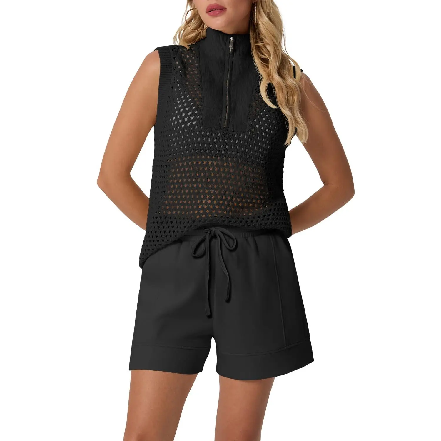 GRECERELLE 2026 Women 2 Piece Sets Crochet Hollow Knit Half-Zip Sweater Tank Top & Shorts Lounge Travel Matching Outfits