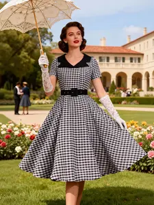 Women's Vintage Swing Dress, Lady & Little Plaid Color-Block Neckline Short Sleeve Belted Flared Hem, Retro Style Casual Wear