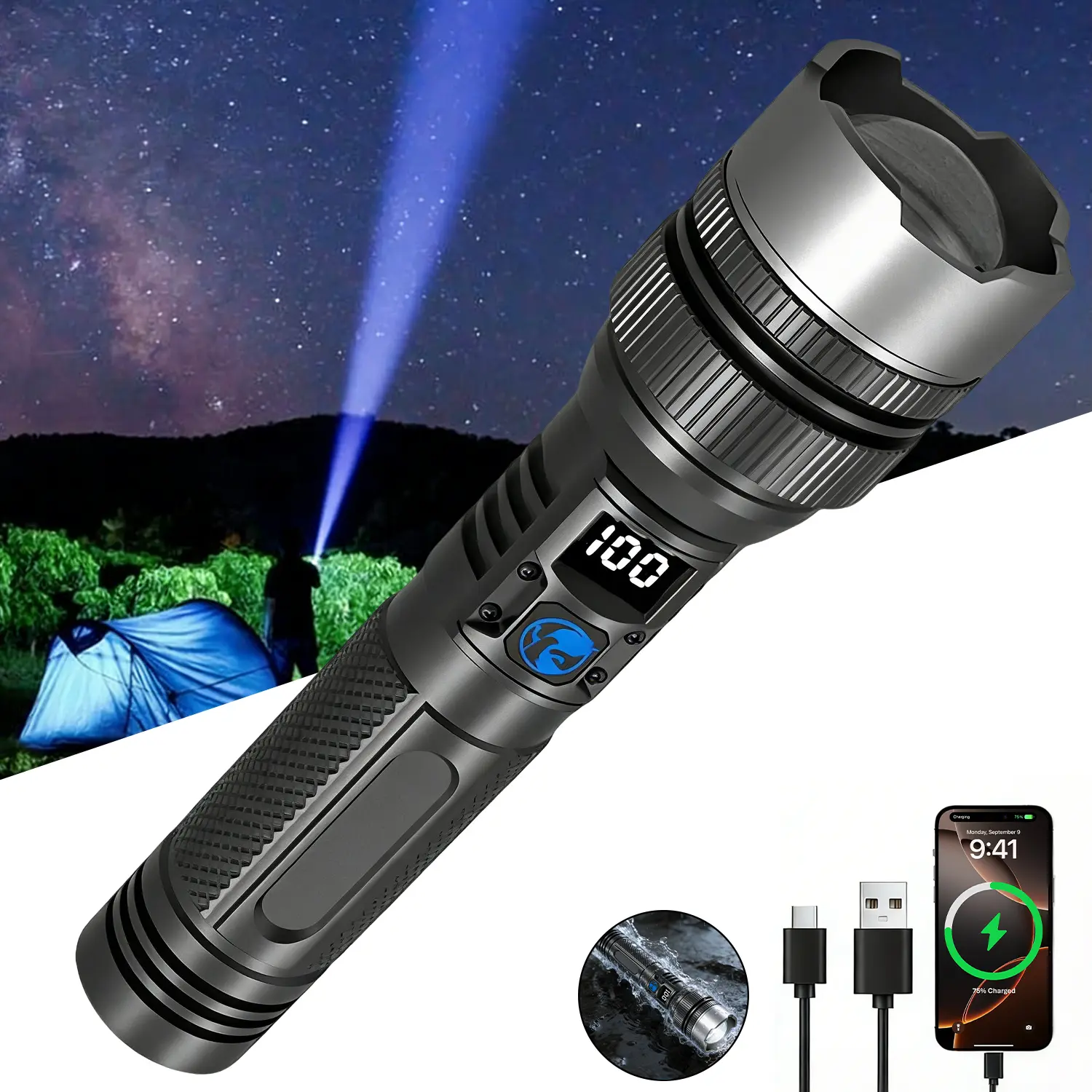 【Fast Shipping】Portable Flashlight 2200 Lumens Zoomable Wide-Angle to Spotlight Dual Mode Compact Dual Sizes Camping & Emergency Use Dry Environment Design BackToSchool