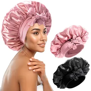 2 Counts Satin Bonnet for Sleeping Silk Hair Bonnet with Tie Band Protects Curly Hair Frizz-Free Sleep Cap for Women Pink Heatless Styling Tools