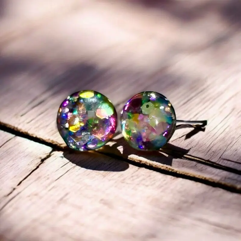 Fae Nightbloom Prism Stud Earrings - Purple/Green Glitter Fairycore with Iridescent Finish, Magical Jewelry Gift Holographic