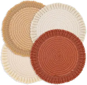 Set of 4 Fall Round Cotton Placemats, each measuring 13 inches. These boho-style table mats are woven, washable, and heat-resistant, making them perfect for decorating your kitchen or dining area for Thanksgiving,