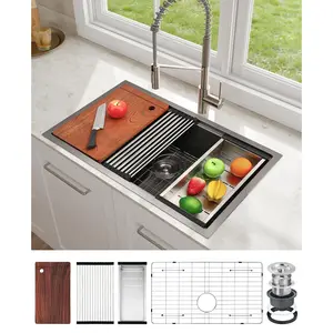 Undermount Kitchen Basin 32x19 Inch - Single Bowl 16 Gauge Stainless Steel Workstation with Ledge, Deep 10'' Utility Basin, Modern Brushed Finish, Cutting Board, Black/Silver, Single Hole