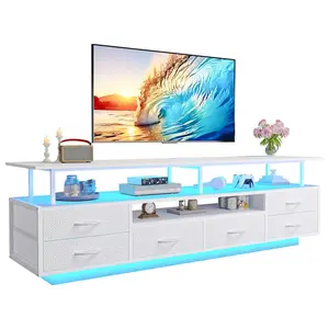 Sikaic TV Stand with LED Lights and Power Outlets White Modern Entertainment Center with Open Shelves and 6 PU Fabric Drawers, TV Media Console Table for 65-70 Inches TV storage