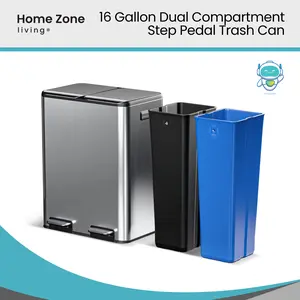 Home Zone Living 16 Gallon Stainless Steel Dual Trash and Recycling Can with Removable Liners and Soft Close Lids