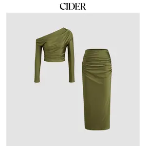 Cider [4 colors, size 2-26] Asymmetrical Neck Long Sleeve Crop Top & Mid Rise Ruched Maxi Skirt