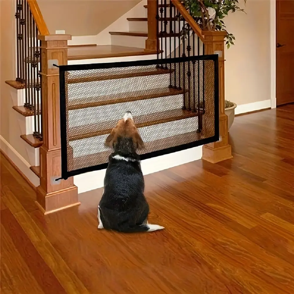 1PC Pet Dog Gate Stairs Folding Breathable Mesh Enclosure Child Safety Barrier, Safety Guardrail Pet Playpen Fence Punch-free Folding Stair Gate Portable Doorway Mesh Gate with Sticky Hook & Telescopic Rod