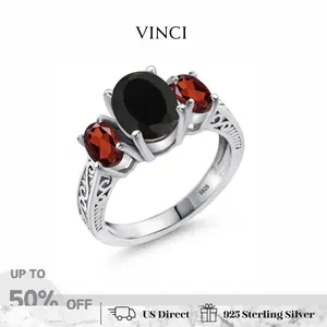 S925 Sterling Silver 2.73 Cttw Black Onyx and Red Garnet 3 Stone Ring For Women, Vintage Artificial Gemstone Jewelry, Crystal Synthetic Obsidian Ring Wedding Engagement Anniversary Promise Ring For Women, Statement Ring Gift for Her Mother's day Gift