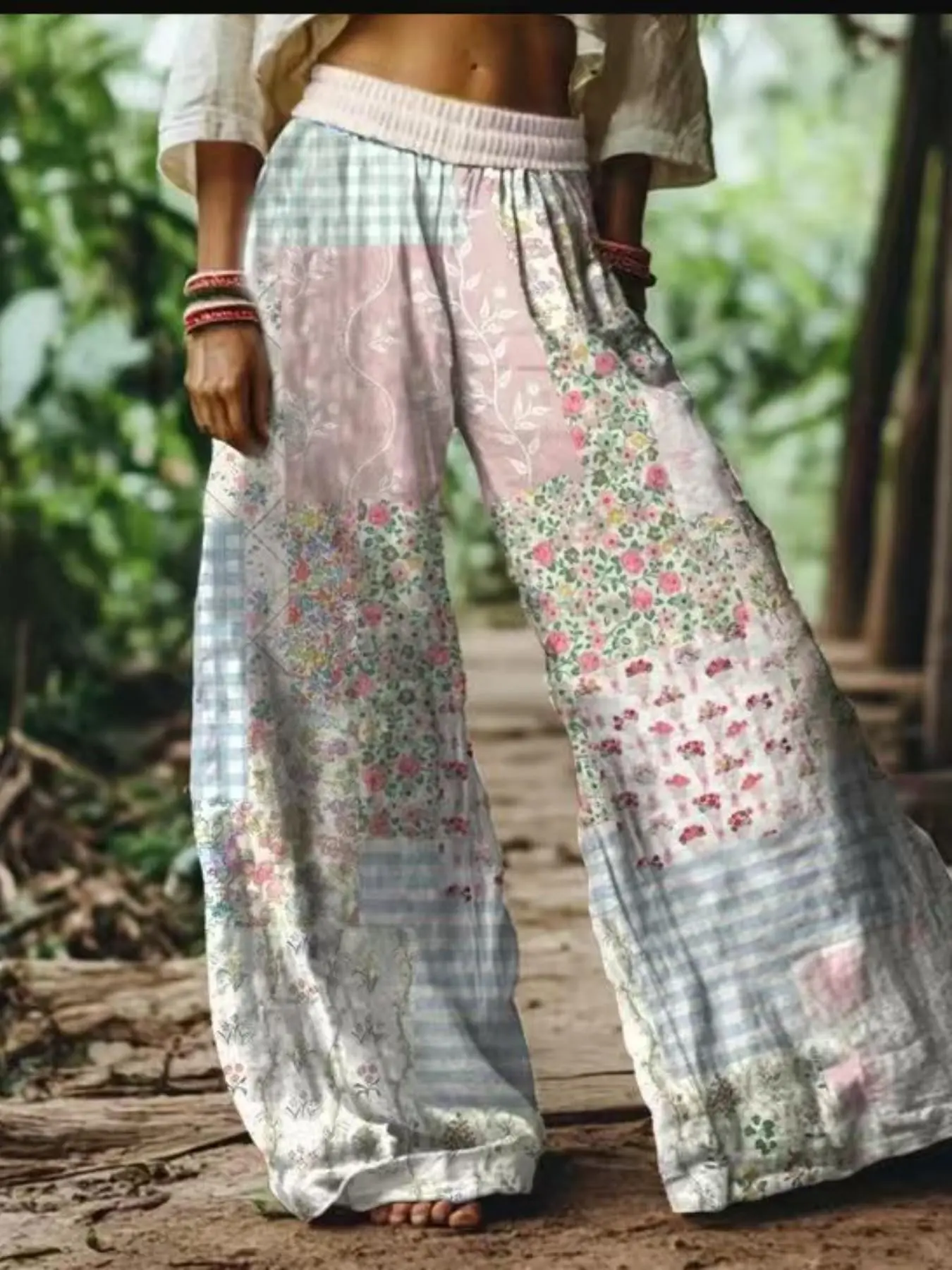 Women's Bohemian Floral Print Casual Elastic Waist Wide Leg Long Pants, Boho Chic Trousers, Comfortable Breathable Fabric, Ideal for Vacation, Home, Daily Wear, Suitable for Spring, Summer, Fall