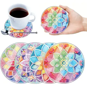 4pcs Acrylic DIY Diamond Painting Coasters Kits with Holder Diamond Painting Art Coaster Kit Can Be Washed With Water Diamond Painting Crafts Coaster for Beginners Adults & Art Craft Supplies