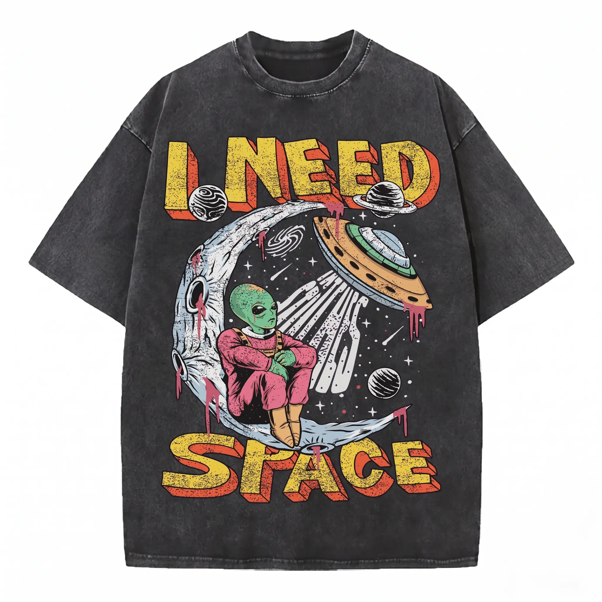 Retro Space Alien 'I Need Space' Sci-Fi Art" Vintage Distressed Aesthetics, Spring/Summer Men Women Clothes, Regular Fit T-Shirt  Oversized tee, Acid wash t-shirt, Vintage washed shirt, Distressed top,Heavyweight tee,Gothic streetwear, Y2K retro