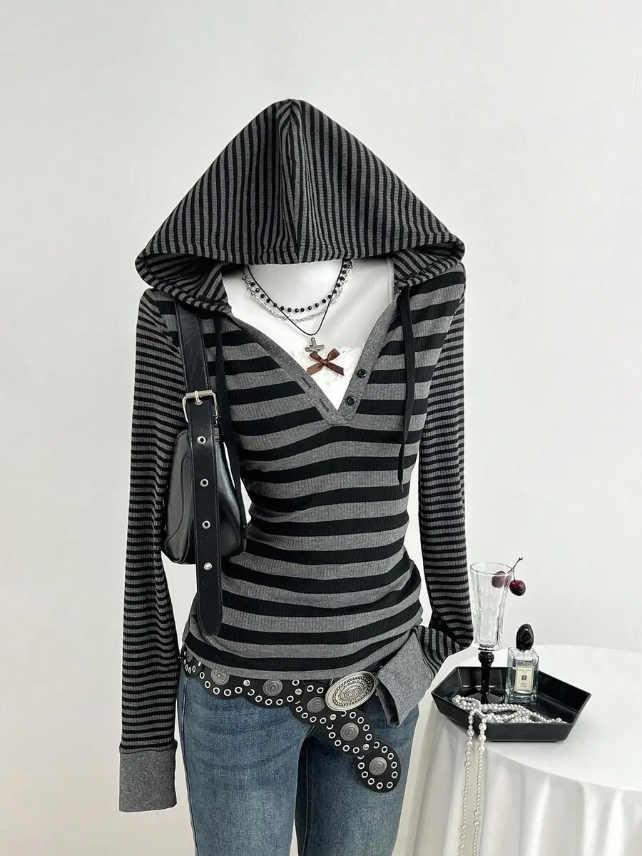 Women's Hooded Long Sleeve T-Shirt Retro Black Gray Striped Asymmetrical Top for Work and Errands