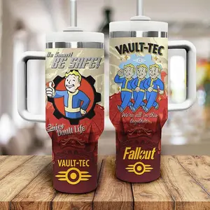 Fallout Vault Boy 40oz Tumbler with Handle & Straw | Insulated Vault-Tec Water Bottle | Gamer Merch Gift | Enjoy Vault Life
