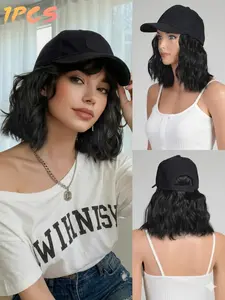 Baseball Cap Wig Integrated Hairpiece, No Glue Wig, Glueless Wig, Thick Wavy Curl Bob Head, Easy Change Costume Accessory, Natural Seamless Style, Wavy Wigs