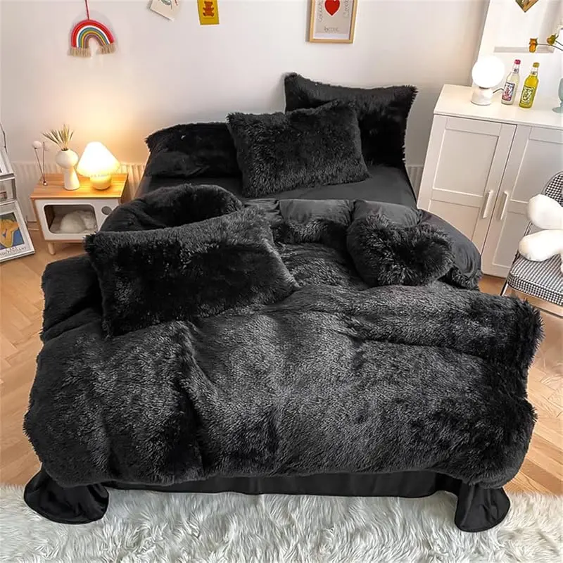 Faux Fur Plush Coffee Comforter Sets King - Ultra Shaggy Flannel Velvet Fluffy Fuzzy 3PC (Comforter x 1 Pillowcases x 2) Fleece Bedding Set Soft Bedding Sets