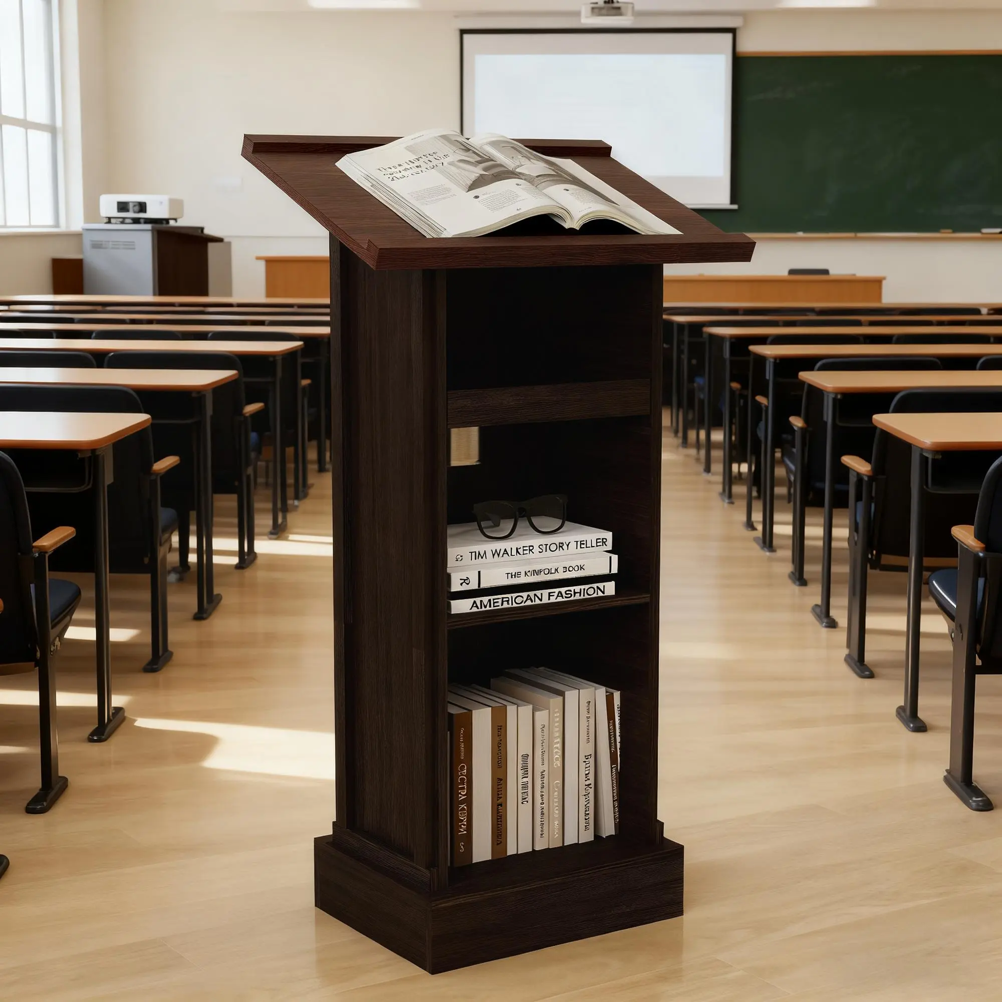 Durable Rustic Brown Wood Podium Stand - 44" Tall Commercial Office Furniture (24"l x15"w x44"h) with Mic Space, Sliding Shelf (Cup Holder), Fixed Shelf, Waterproof, Reinforced Base, Easy to Clean, Assembly Required for Conference Rooms, Restaurants, 3 Le