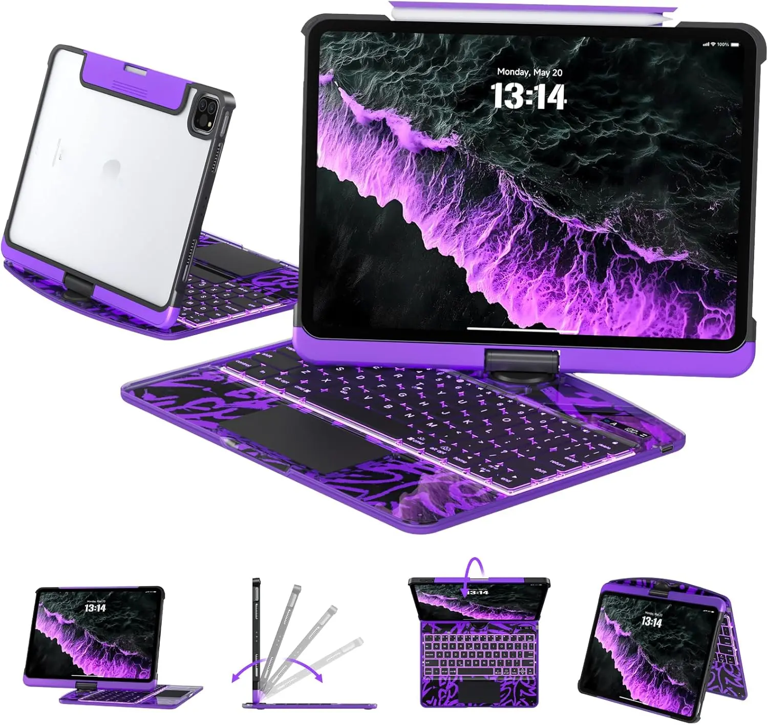 NAIDUN Latest 360 Swivel Keyboard with Y2K style tranparent case for iPad Tablet Accessories ipad case Durability