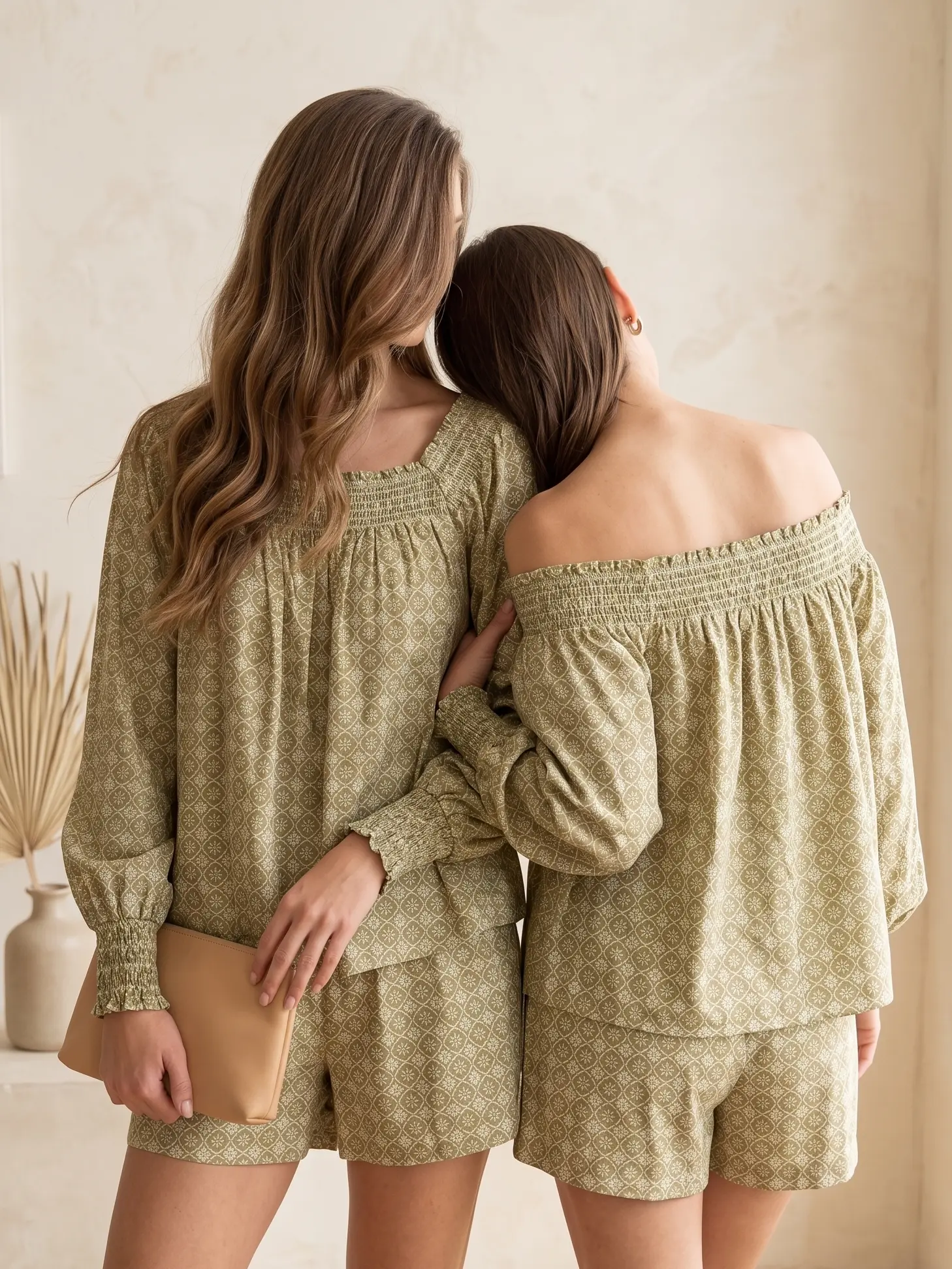 Chic Petal Women's Green Geometric Print 2-Piece Stretchy Loungewear Set - Elastic Smocked Off-Shoulder Top & Breathable Fit Shorts, Vibe-Infused Casual Wear Beach Evening