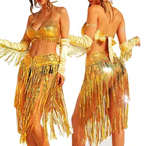 Sequin Rave Outfits Sparkly Fringe Skirt Set Belly Dance Carnival Costumes for Women