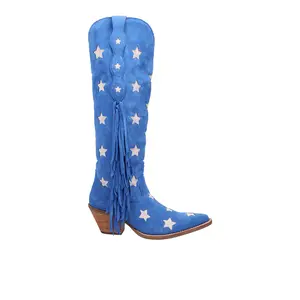 Dingo Womens Super Star Fringe Tooled-Inlay Snip Toe Pull On Casual Boots Over the Knee Mid Heel 2-3" - Blue