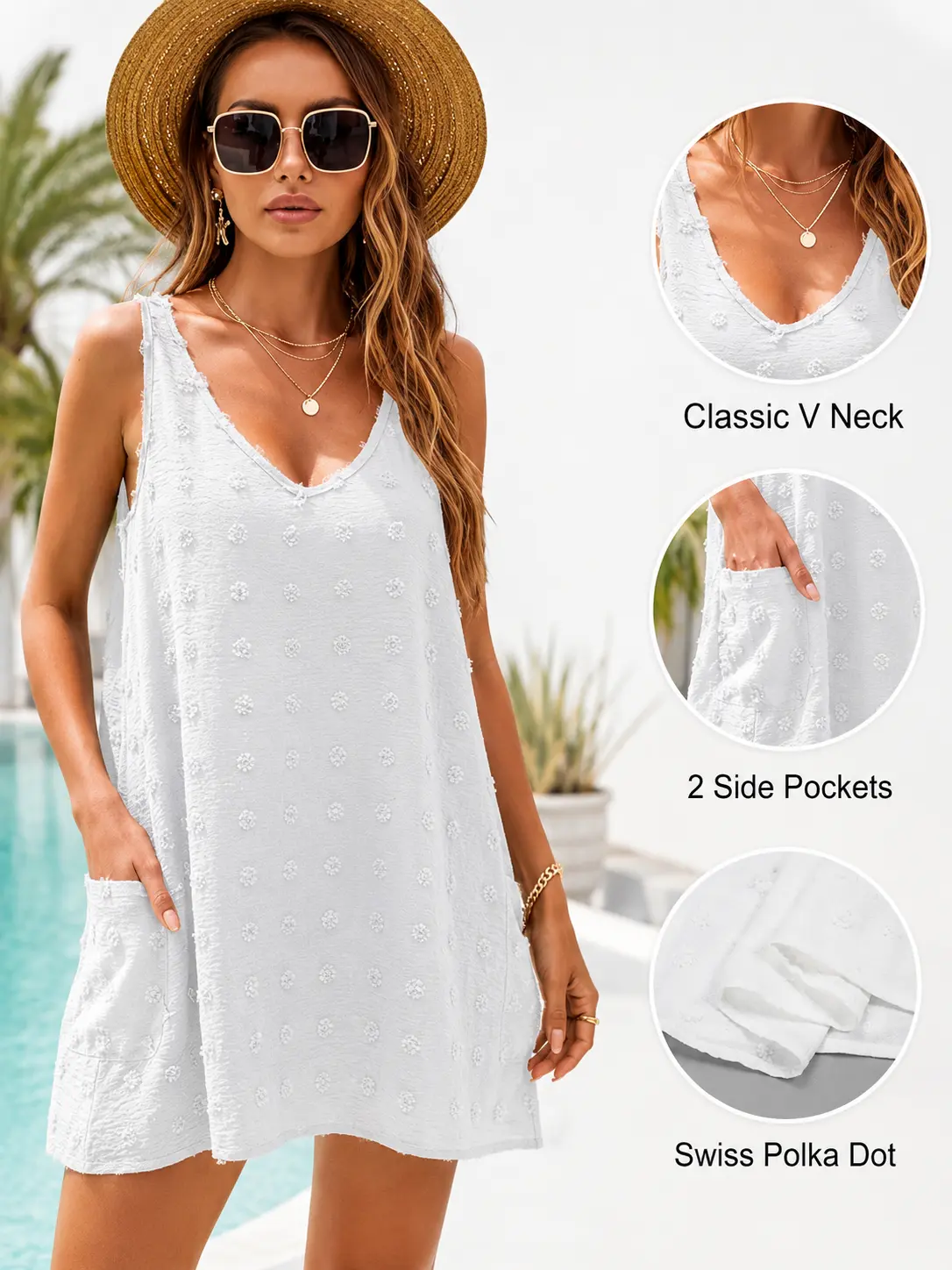 Women's Summer Swiss Dot Tank Dress V Neck Sleeveless A Line Mini Dress with Pockets Casual Beach Cover Up