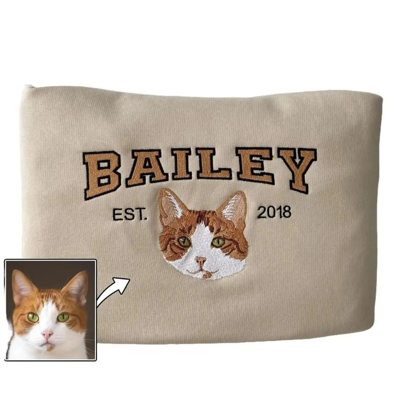 Custom Pet Embroidered Sweatshirt with Pet Name, Personalized Cat Face Sweatshirt from Your Photo, Varsity Sweatshirt, Gifts for Cat Lover M