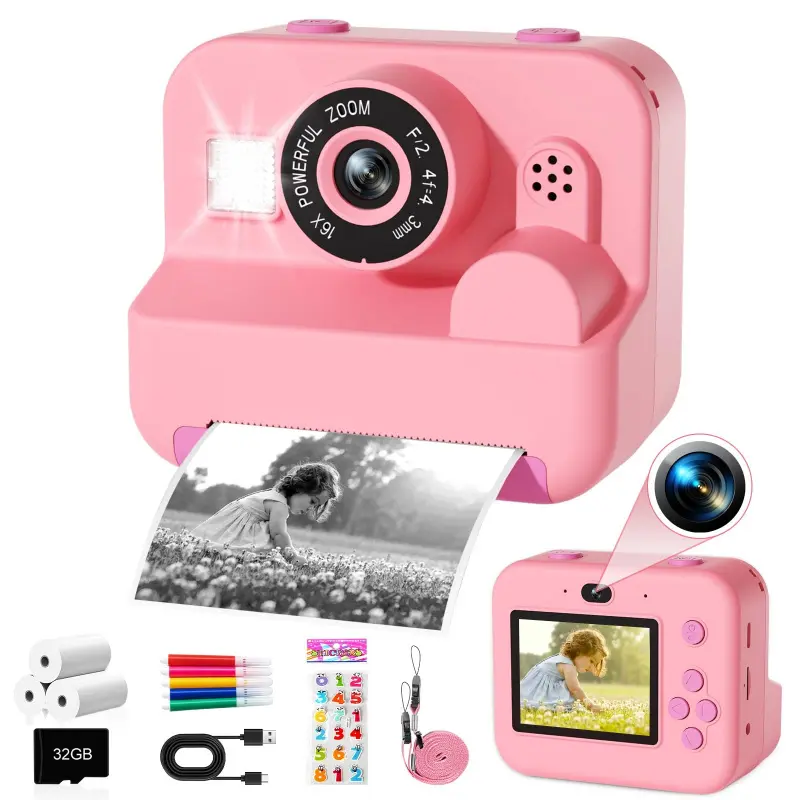 Polaroid instant camera, portable camera, 16x digital zoom HD digital camera, comes with 32GB SD card, includes three rolls of paper and stickers, perfect birthday gift for children, Instant Cameras That Print Photos, Instant Print Camera