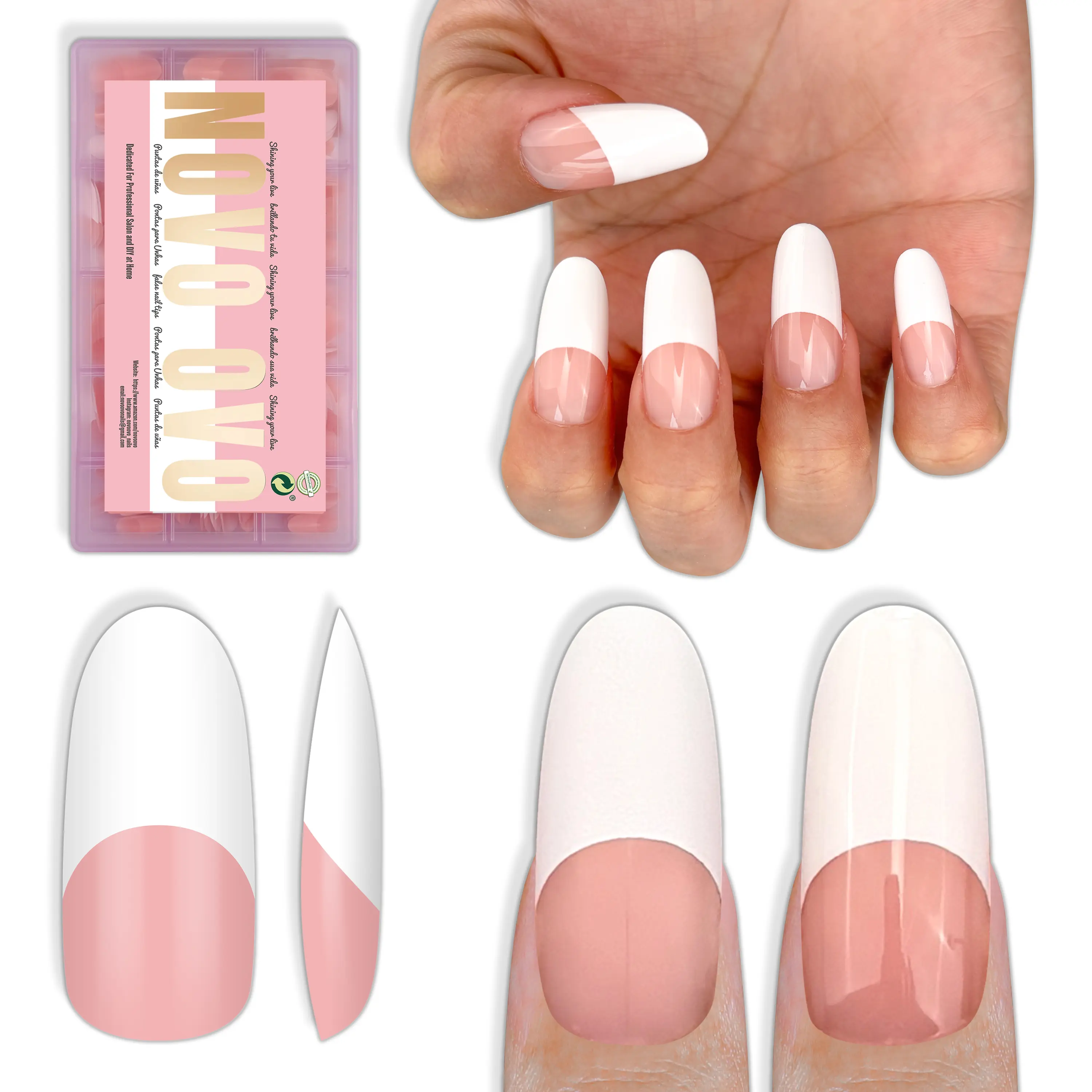 NOVO OVO Old School Oval Round Medium/Long White French Tip Nail Tips Press on BABY PINK, Extra Thick Soft Gel Fake Nail Acrylic Extension, Need Builder Gel Top Coat, No Glue Included,15 Sizes 240 pcs【NO GLUE ,TOP COATAND LAMP INCLUDED】, Press On Nail, Mu