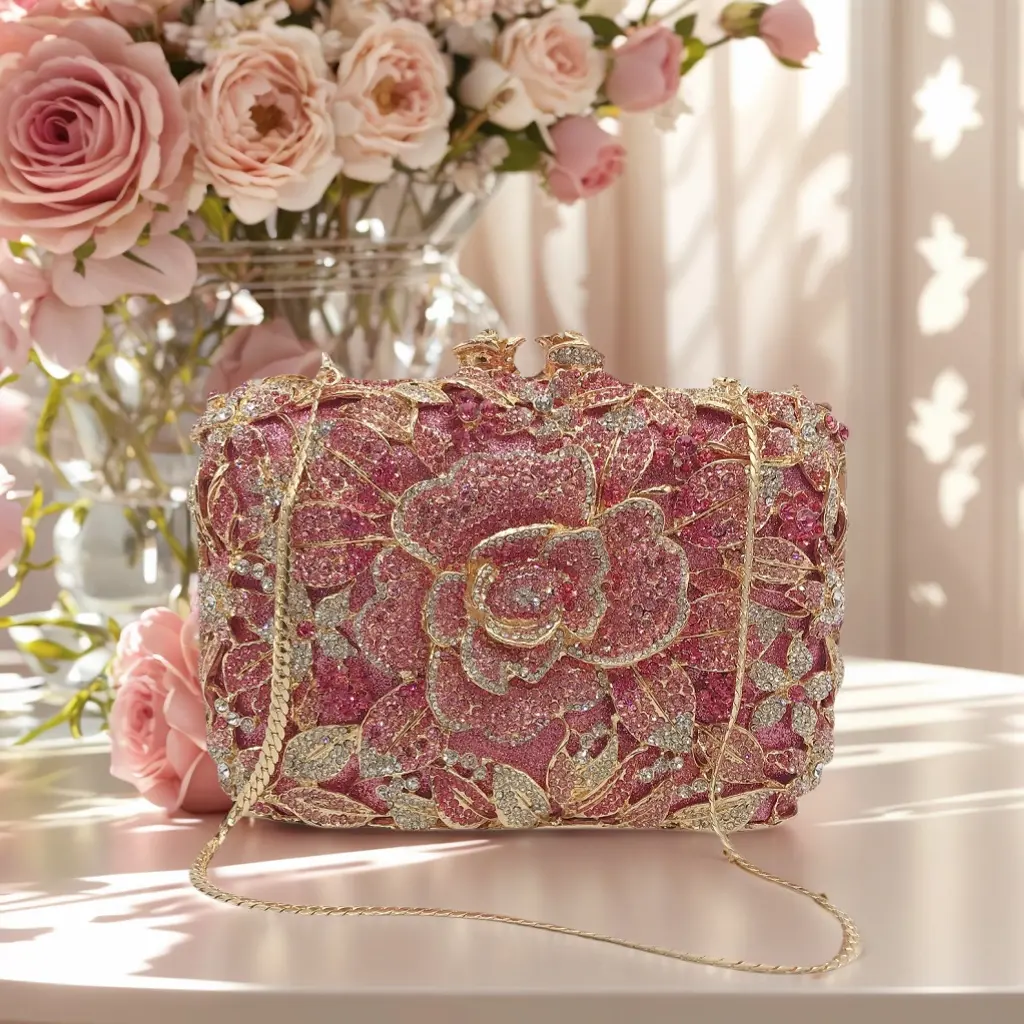 Women's Vintage Floral Rhinestone Crystal Clutch - Elegant Stylish Purse, Bling Handbag for Party, Wedding