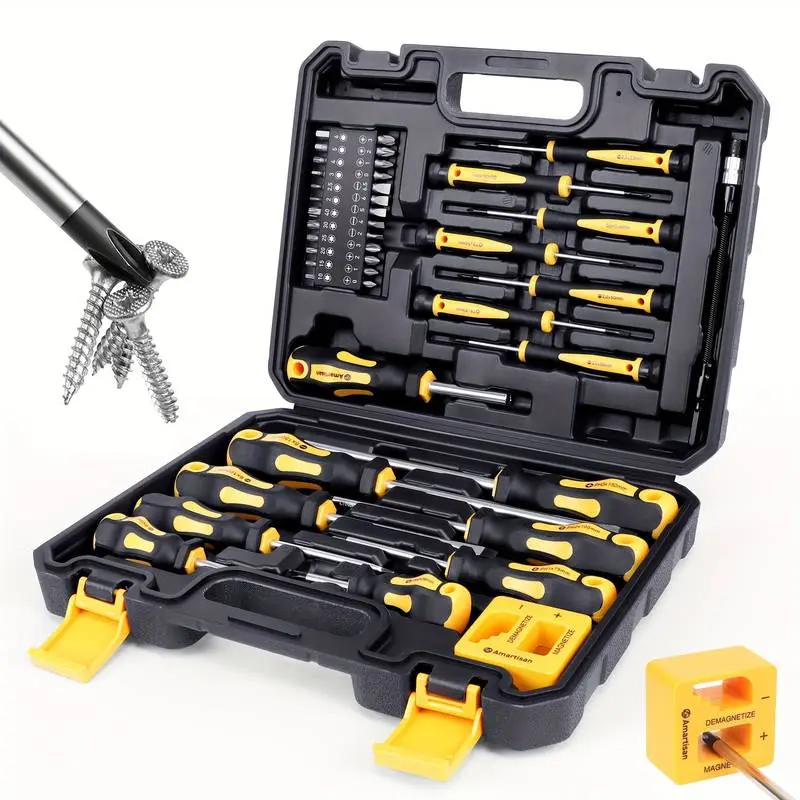43-Piece Magnetic Screwdriver Set with Case, Includes Flat-Head (Slotted), Phillips, Hex, Square, Pozidriv, Torx Bits & Insulated Screwdrivers, Gift for Men & Women, Flat-Head Screwdriver Sets