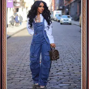 Women’s loose denim overalls, women’s spring streetwear, multi-pocket jumpsuit, casual fit