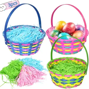 3Pack Easter Gift Woven Basket with Handles and Tricolor Grass Paper Shreds for Easter Egg Hunt,