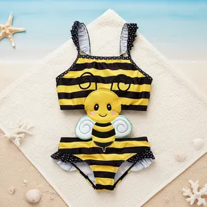 Cute 3D Bumble Bee Applique Two-Piece Swimsuit for Girls 1-6Y, Black & Yellow Striped Tankini with Polka Dot Ruffles