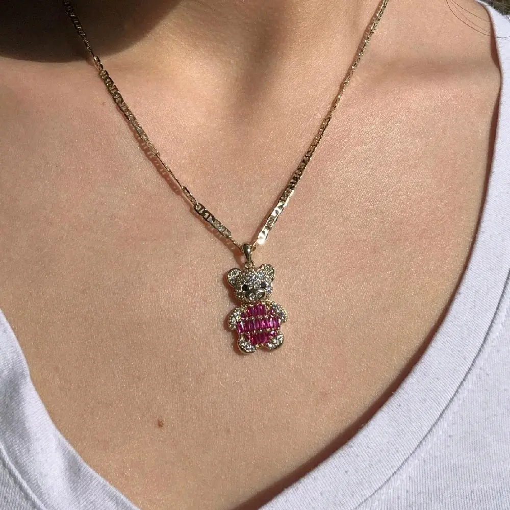 Pink Teddy Bear Necklace with Sparkling Rhinestones and Gold Plated Chain for Women's Fashion