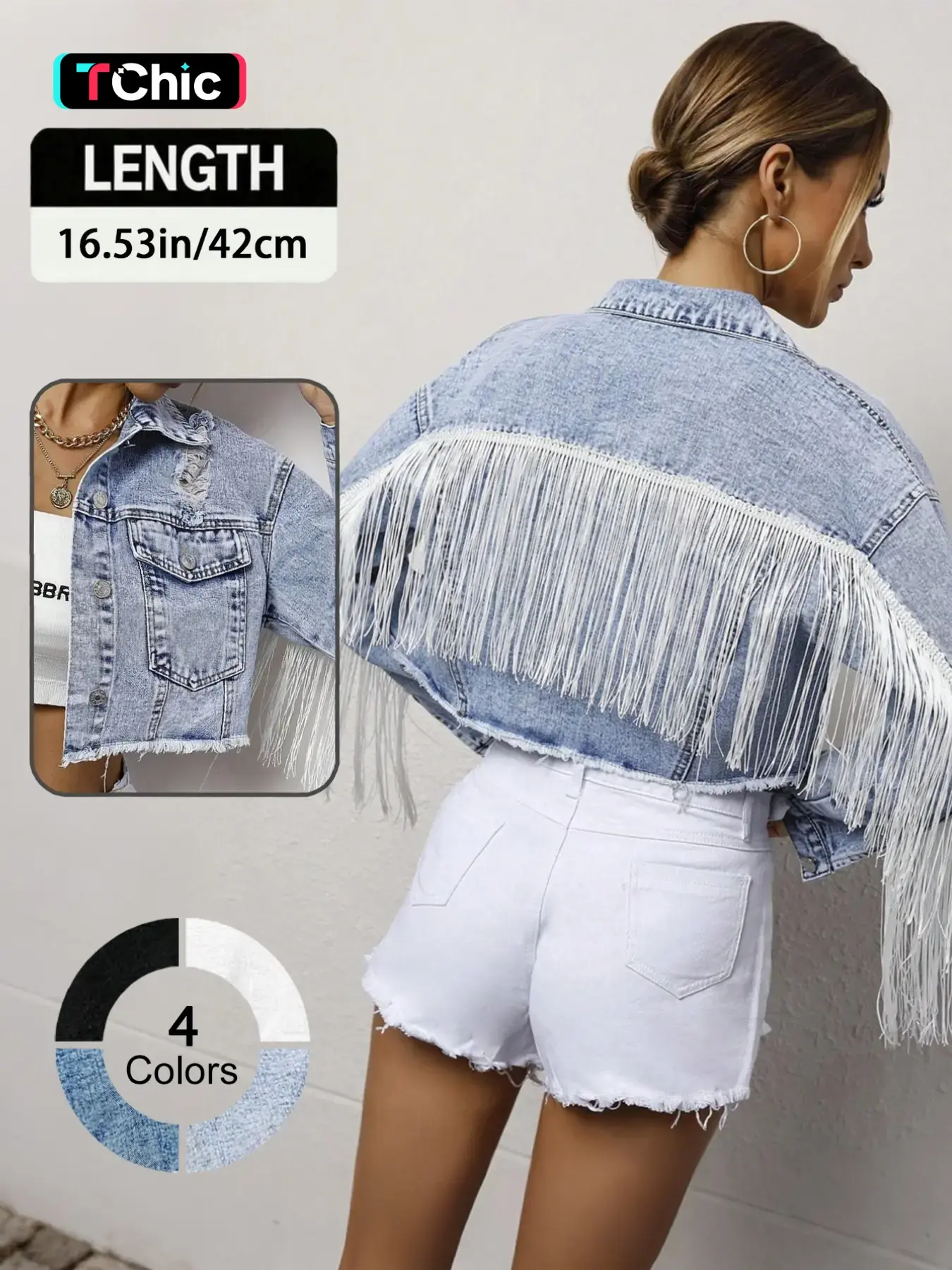 Elegant Fashion Backless Fringed Denim Long Sleeve Jacket Coats for Music Festivals, Casual Stylish Chic Streetwear for Women, Trendy Short Casual Style Outerwear Womenswear, Lady