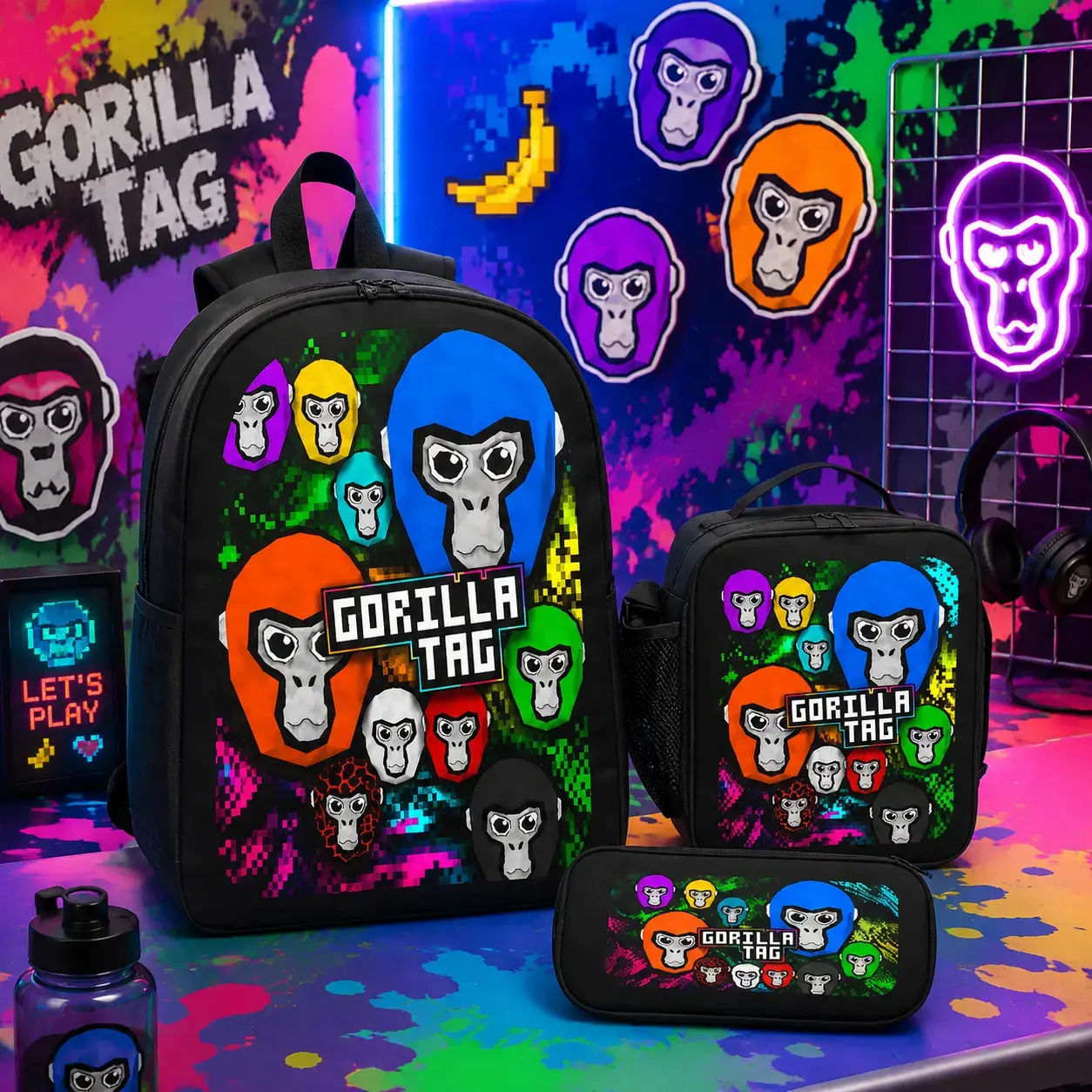 Gorilla Tag Cartoon Backpack Set 3PCS School Backpack Lunch Bag Pencil Case Game Style Bookbag Lightweight Daypack for Boys Girls Teens Gaming Fans Back to School Gift Travel Casual Backpack Set Comfortable Shoulder Strap Trendy Design
