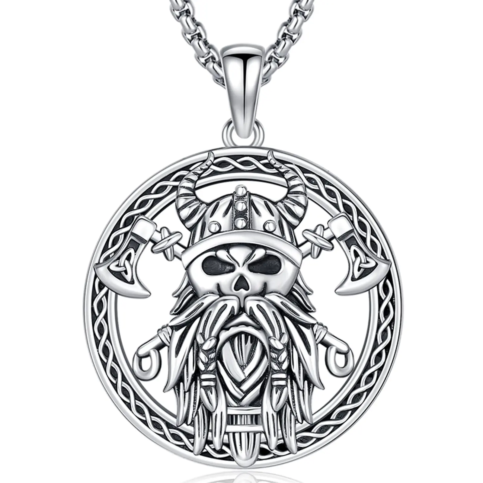 DRINSPER Viking Odin Chain Necklaces for Men, 925 Sterling Silver Norse Warrior Pendant with Celtic Knot, Hypoallergenic Pagan Jewelry with 22+2 Inch Adjustable Box Chain, Men's Accessories, Retro, Unisex, Neck Chain
