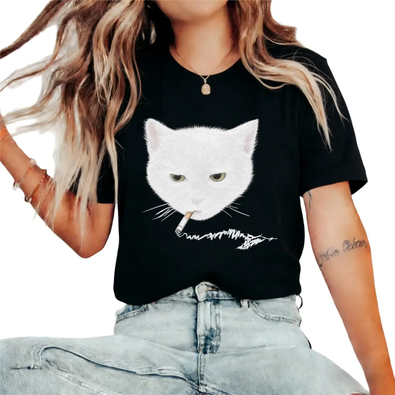 Y2K Smoking Cat Portrait Oversized Tee | Dark Humor Streetwear