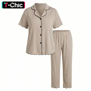 Soft Haven Women's Plus Size 2-Piece Ribbed Knit Pajama Set - Lettuce Edge Henley Top, Comfortable Pants, Soft Loungewear Nightwear (0XL-4XL)