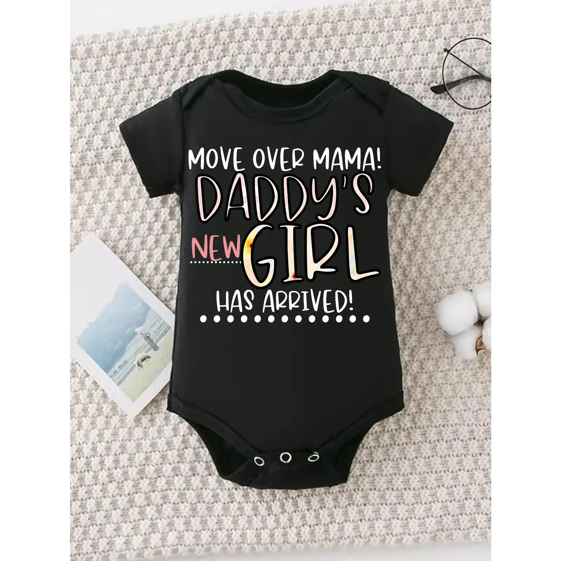 Baby Bodysuit for 0-12 Months, Cute Baby Items & Infant Stuff, "Move Over Mama Daddy's New Girl Has Arrived" Print, Soft Cotton Blend-Elastane Knitted Fabric, Round Neck, Snap Button Detail, Regular Fit, All-Season Versatile Onesie, Snaps